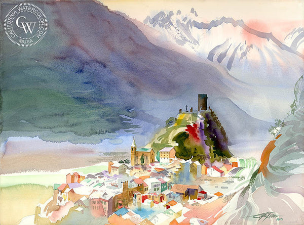 Saillon, Switzerland, 1994, California watercolor painting by Ken Potter, California art. fine art giclee prints for sale at CaliforniaWatercolor.com - original California paintings, & premium giclee prints for sale