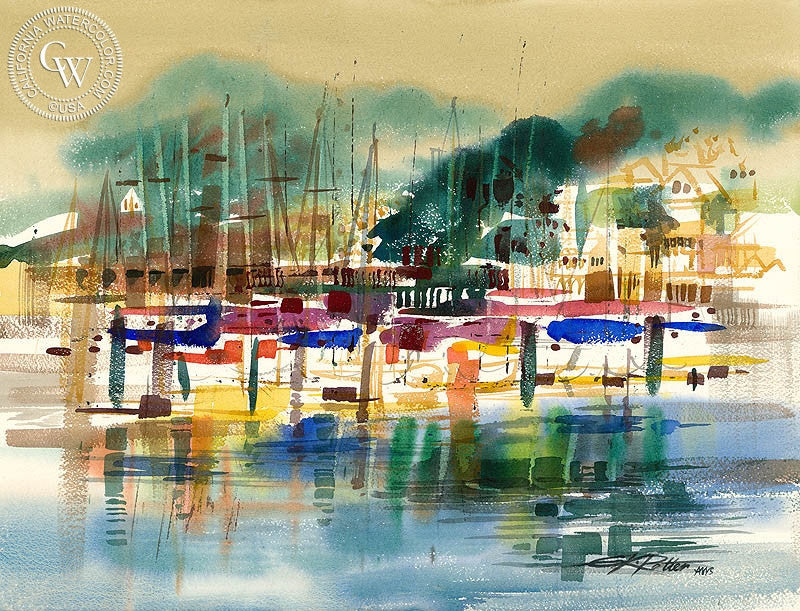 San Francisco Yacht Club, 1969, watercolor painting by Ken Potter  (American art). Fine art giclée print reproduction by California Watercolor for wall decor.