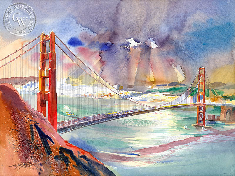 San Francisco and the Golden Gate, 2006, watercolor painting by Ken Potter  (American art). Fine art giclée print reproduction by California Watercolor for wall decor.