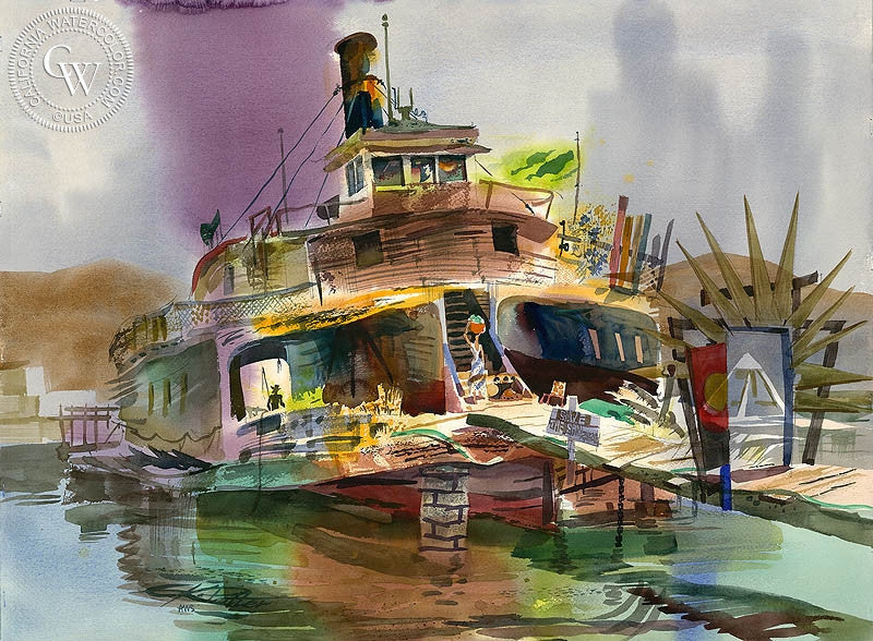 San Rafael Ferry, 1978, watercolor painting by Ken Potter  (American art). Fine art giclée print reproduction by California Watercolor for wall decor.