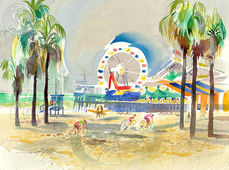 Santa Monica Pier, 2005, watercolor painting by Ken Potter  (American art). Fine art giclée print reproduction by California Watercolor for wall decor.