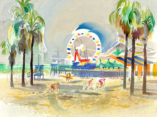 Santa Monica Pier, 2005, California art by Ken Potter. HD giclee art prints for sale at CaliforniaWatercolor.com - original California paintings, & premium giclee prints for sale
