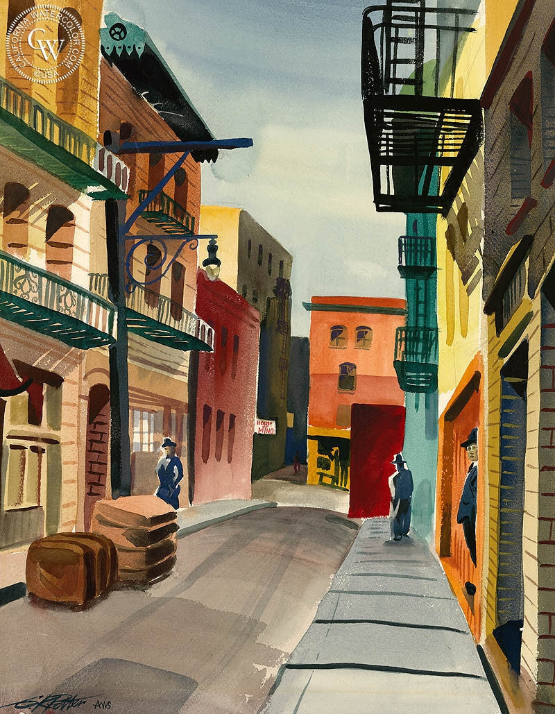 Spofford Alley, 1949, watercolor painting by Ken Potter  (American art). Fine art giclée print reproduction by California Watercolor for wall decor.