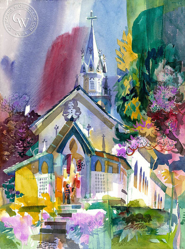 St. Benedict's Painted Church, 1997, watercolor painting by Ken Potter  (American art). Fine art giclée print reproduction by California Watercolor for wall decor.