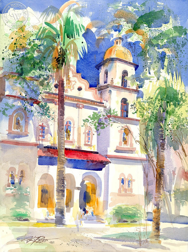 St. Francis Church Sacramento, watercolor painting by Ken Potter  (American art). Fine art giclée print reproduction by California Watercolor for wall decor.