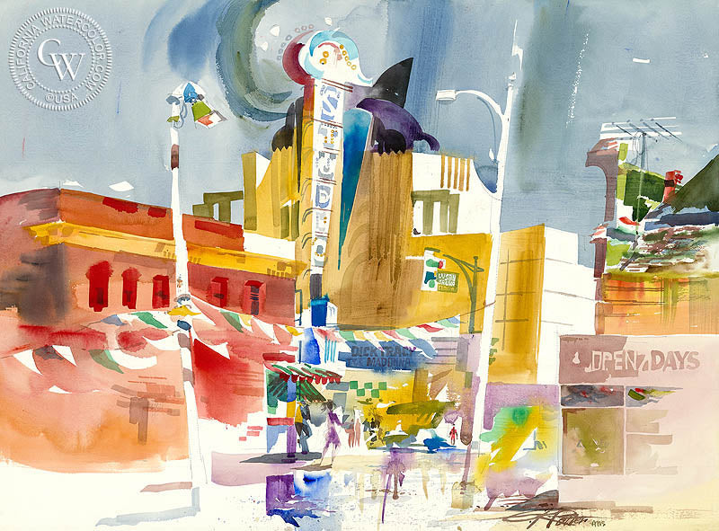 Studio Theatre, 1990, watercolor painting by Ken Potter  (American art). Fine art giclée print reproduction by California Watercolor for wall decor.
