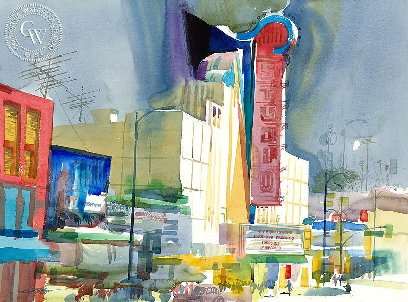 Studio Theatre, San Jose, 1990, watercolor painting by Ken Potter  (American art). Fine art giclée print reproduction by California Watercolor for wall decor.
