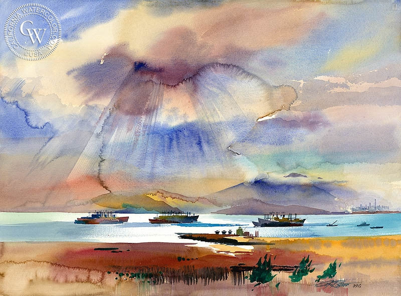 Suisun bay, 1995, watercolor painting by Ken Potter  (American art). Fine art giclée print reproduction by California Watercolor for wall decor.