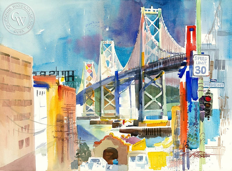 The Bridge from Rincon Hill, 1990, watercolor painting by Ken Potter  (American art). Fine art giclée print reproduction by California Watercolor for wall decor.