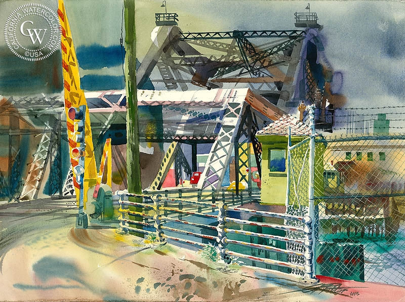 Third Street Bridge, 1979, watercolor painting by Ken Potter  (American art). Fine art giclée print reproduction by California Watercolor for wall decor.