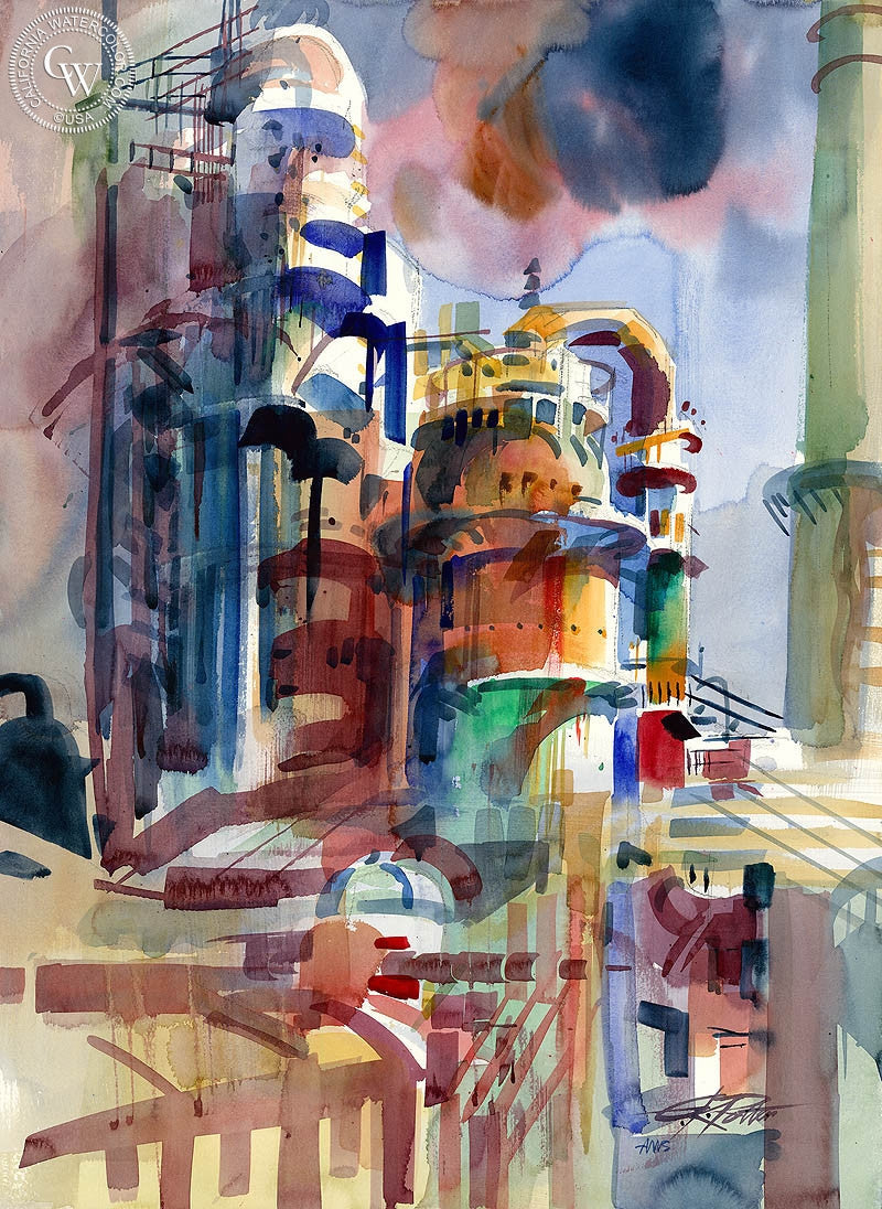Tosco's Boiler, 1995, watercolor painting by Ken Potter  (American art). Fine art giclée print reproduction by California Watercolor for wall decor.