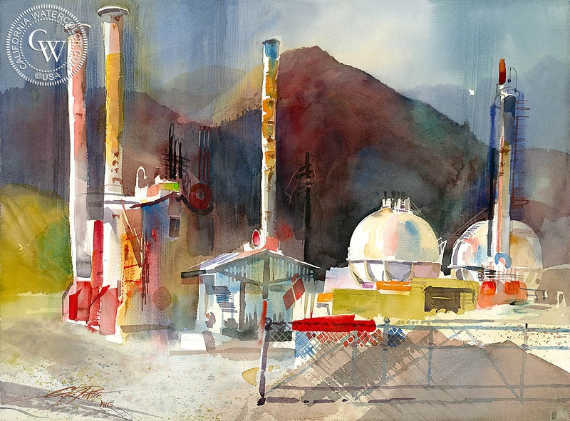 USA Petrochem, 2006, watercolor painting by Ken Potter  (American art). Fine art giclée print reproduction by California Watercolor for wall decor.
