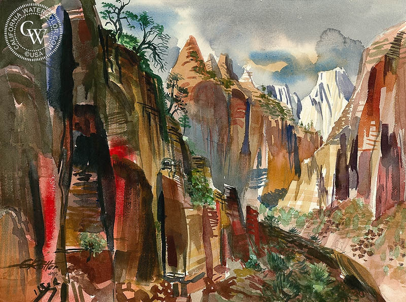Zion Canyon, 1960, watercolor painting by Ken Potter  (American art). Fine art giclée print reproduction by California Watercolor for wall decor.