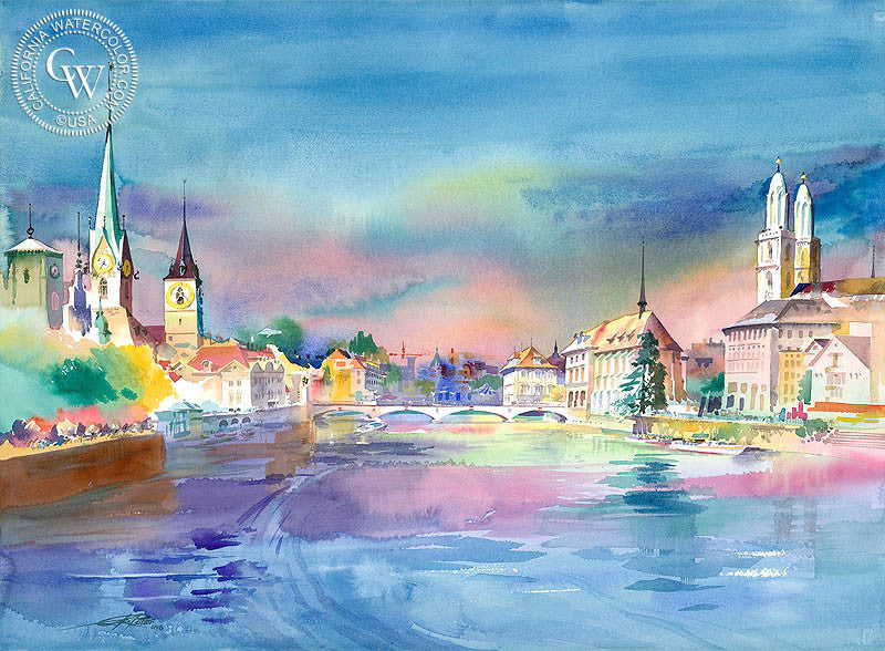 Zurich & Limmat from Quaibrucke, Switzerland, 1993, watercolor painting by Ken Potter  (American art). Fine art giclée print reproduction by California Watercolor for wall decor.