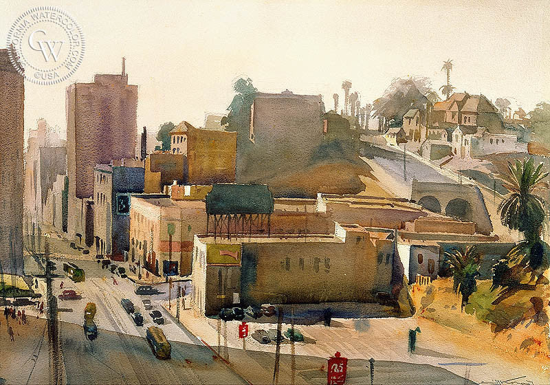 Moore Hill, Los Angeles, 1940, watercolor painting by Emil Kosa Jr.  (American art). Fine art giclée print reproduction by California Watercolor for wall decor.