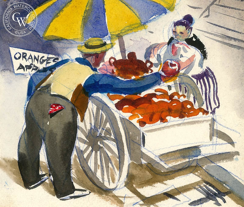 Fruit Cart, watercolor painting by Lee Blair  (American art). Fine art giclée print reproduction by California Watercolor for wall decor.