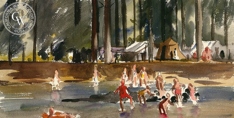 Lakeside Camp, watercolor painting by Lee Blair  (American art). Fine art giclée print reproduction by California Watercolor for wall decor.