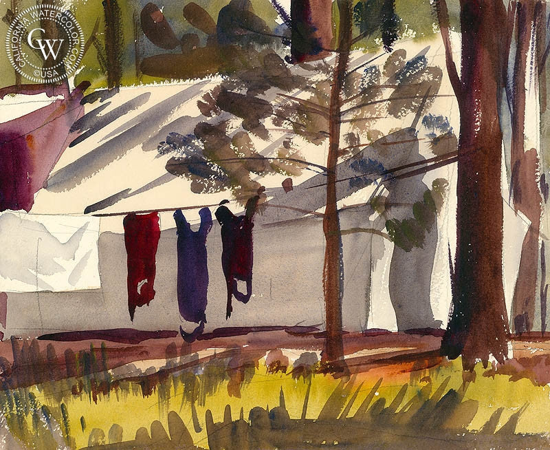 Laundry, watercolor painting by Lee Blair  (American art). Fine art giclée print reproduction by California Watercolor for wall decor.