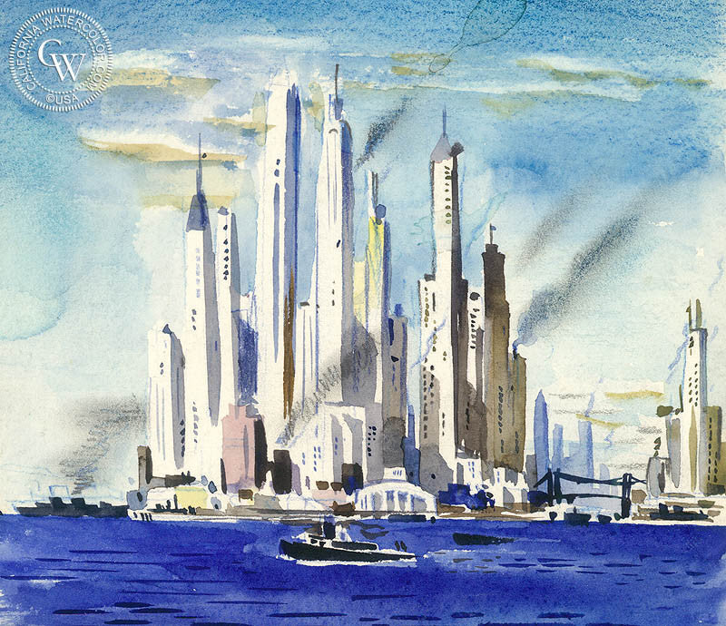New York Skyline, watercolor painting by Lee Blair  (American art). Fine art giclée print reproduction by California Watercolor for wall decor.