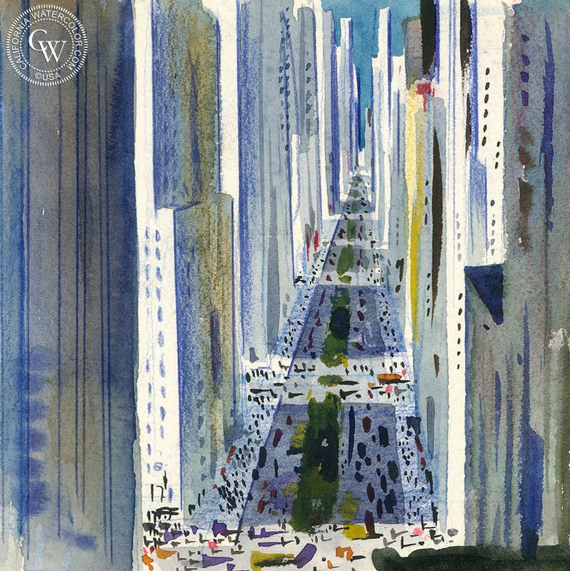 New York Wall Street, watercolor painting by Lee Blair  (American art). Fine art giclée print reproduction by California Watercolor for wall decor.