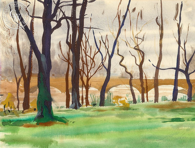 Park Bridge, watercolor painting by Lee Blair  (American art). Fine art giclée print reproduction by California Watercolor for wall decor.