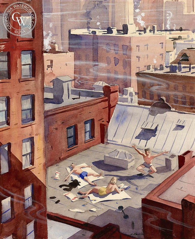 Sunbathing on the Rooftops, c. 1930s, watercolor painting by Lee Blair  (American art). Fine art giclée print reproduction by California Watercolor for wall decor.