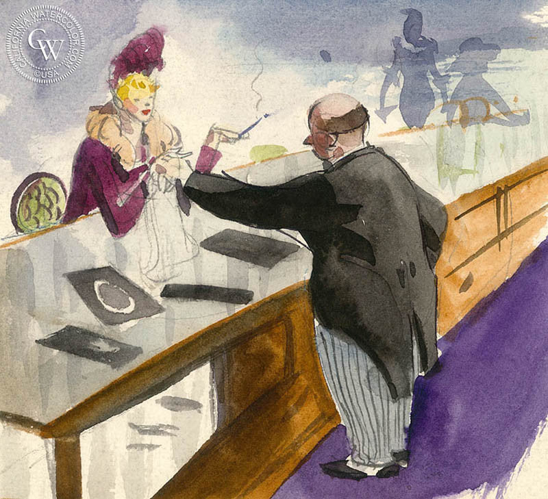 The Jewelry Store, watercolor painting by Lee Blair  (American art). Fine art giclée print reproduction by California Watercolor for wall decor.