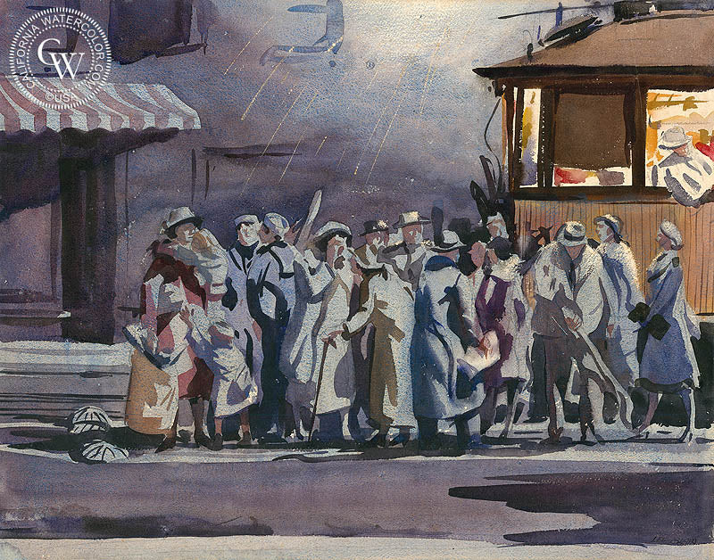 Trolley Stop, c. 1930s, watercolor painting by Lee Blair  (American art). Fine art giclée print reproduction by California Watercolor for wall decor.