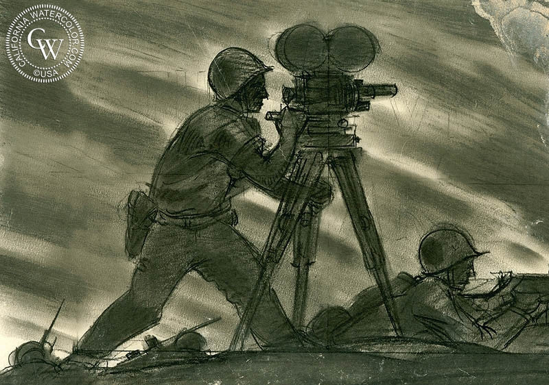 War Film, watercolor painting by Lee Blair  (American art). Fine art giclée print reproduction by California Watercolor for wall decor.