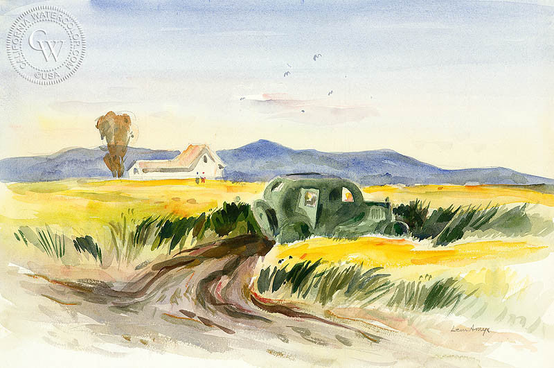 Abandoned Auto, c. 1950, watercolor painting by Leon Amyx  (American art). Fine art giclée print reproduction by California Watercolor for wall decor.