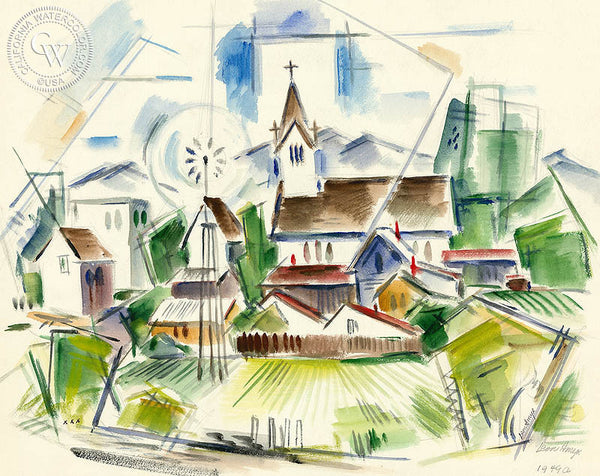 Castroville Church, 1949, by Leon Amyx. California art, original California watercolor art for sale, giclee, fine art print for sale - CaliforniaWatercolor.com