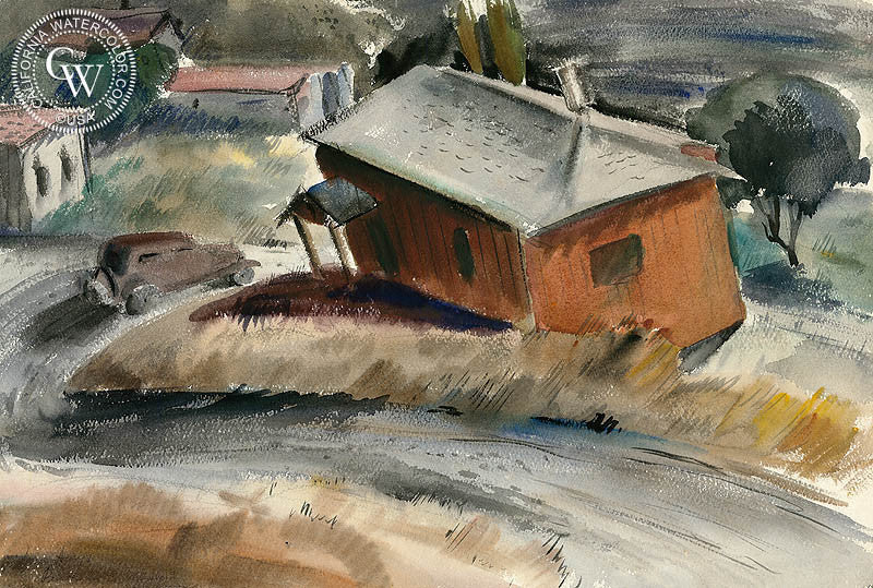 Drive Down Oakland Hills, 1937, watercolor painting by Leon Amyx  (American art). Fine art giclée print reproduction by California Watercolor for wall decor.
