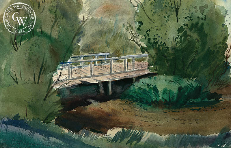 Old Wooden Bridge, c. 1930s, watercolor painting by Leon Amyx  (American art). Fine art giclée print reproduction by California Watercolor for wall decor.