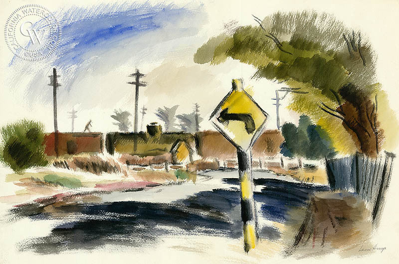Left on Rossi Road, Salinas, 1942, watercolor painting by Leon Amyx  (American art). Fine art giclée print reproduction by California Watercolor for wall decor.