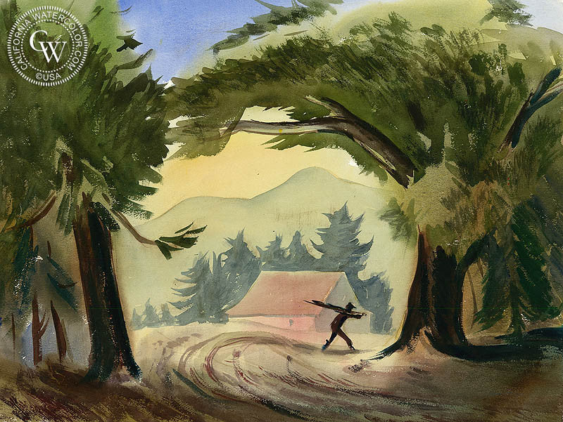 Man Carrying Stakes, c. 1942, watercolor painting by Leon Amyx  (American art). Fine art giclée print reproduction by California Watercolor for wall decor.