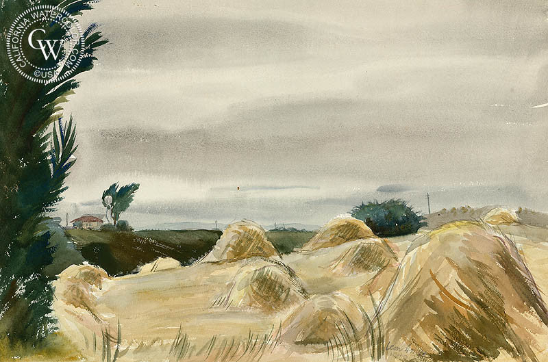Shocked Hay in Boranda, 1940, watercolor painting by Leon Amyx  (American art). Fine art giclée print reproduction by California Watercolor for wall decor.