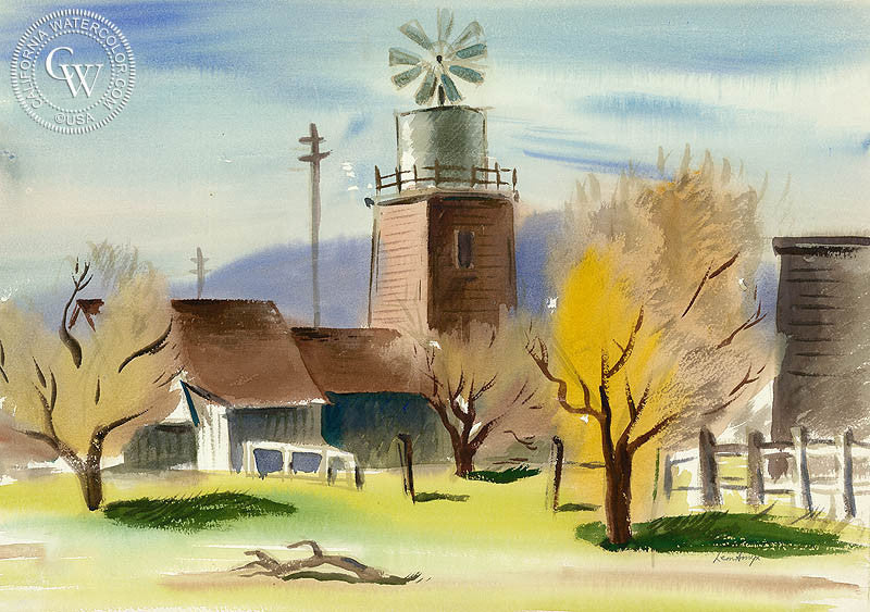 Tank House and Windmill, 1939, watercolor painting by Leon Amyx  (American art). Fine art giclée print reproduction by California Watercolor for wall decor.
