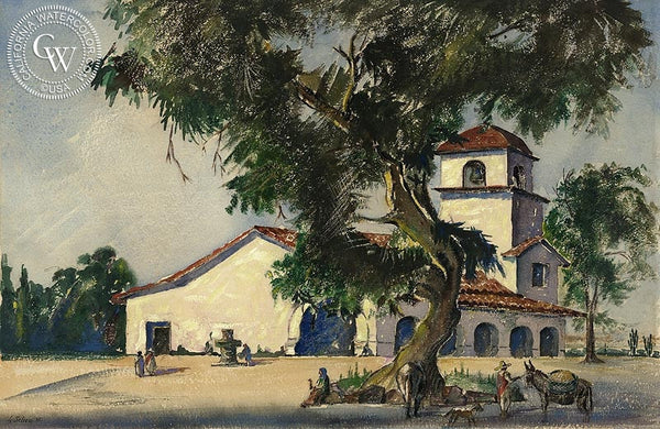 Mission San Juan Bautista, California art by Leonard Scheu. HD giclee art prints for sale at CaliforniaWatercolor.com - original California paintings, & premium giclee prints for sale