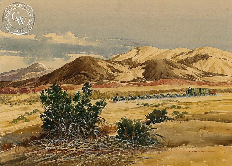 Mule Train, watercolor painting by Lloyd Harting  (American art). Fine art giclée print reproduction by California Watercolor for wall decor.