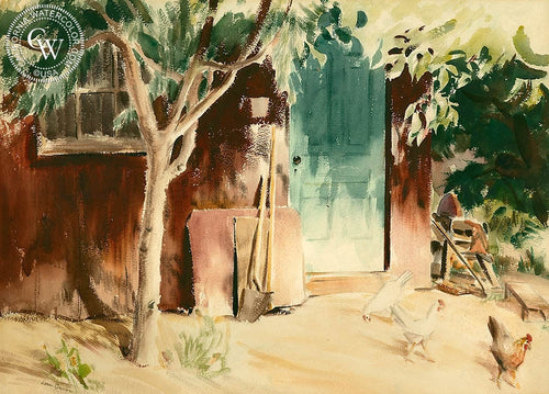 Barn with Chickens, c. 1930s, watercolor painting by Loren Barton  (American art). Fine art giclée print reproduction by California Watercolor for wall decor.