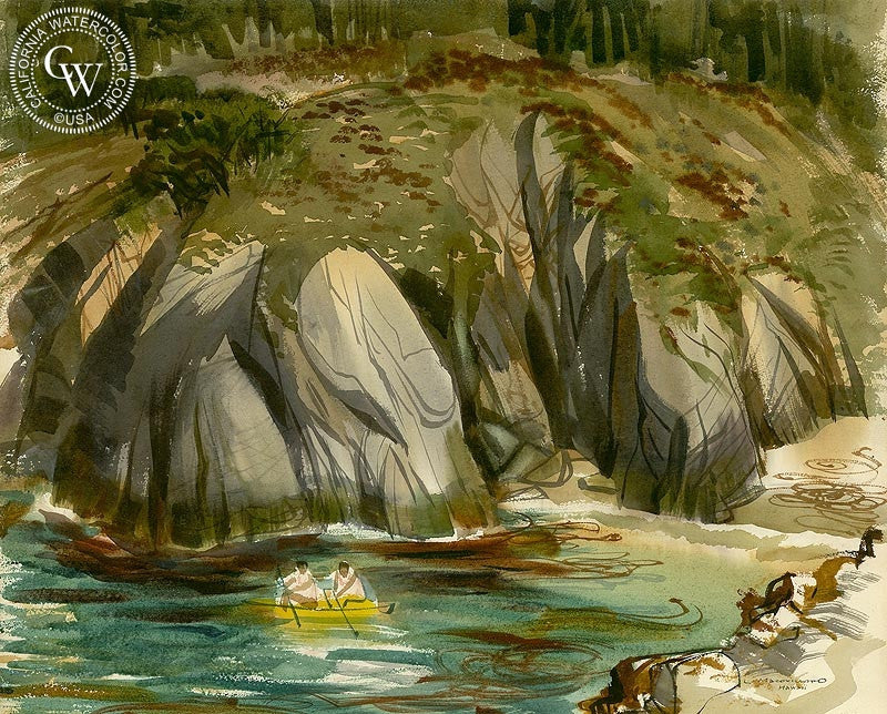 Hawaii, c. 1930, watercolor painting by Louis Macouillard  (American art). Fine art giclée print reproduction by California Watercolor for wall decor.