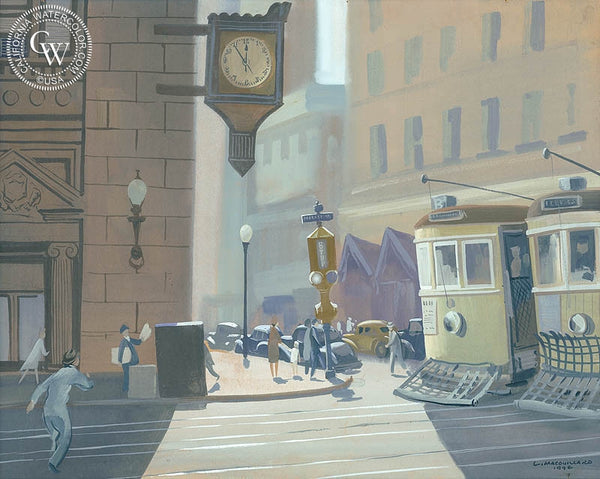 Market Street, 1946, California art by Louis Macouillard. HD giclee art prints for sale at CaliforniaWatercolor.com - original California paintings, & premium giclee prints for sale