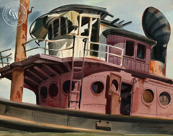 Old Red Tug, San Francisco, 1946, California art by Louis Macouillard. HD giclee art prints for sale at CaliforniaWatercolor.com - original California paintings, & premium giclee prints for sale