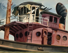 Old Red Tug, San Francisco, 1946, California art by Louis Macouillard. HD giclee art prints for sale at CaliforniaWatercolor.com - original California paintings, & premium giclee prints for sale