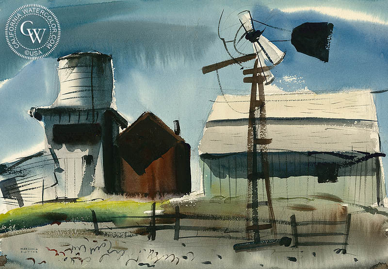 Abandoned Farm, 1948, watercolor painting by Marshall David Potter  (American art). Fine art giclée print reproduction by California Watercolor for wall decor.
