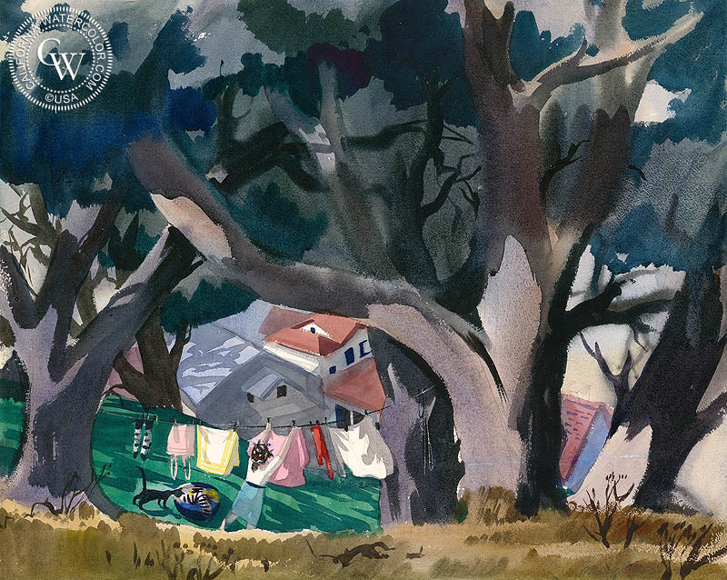 Laundry Day, 1941, watercolor painting by Mary Blair  (American art). Fine art giclée print reproduction by California Watercolor for wall decor.