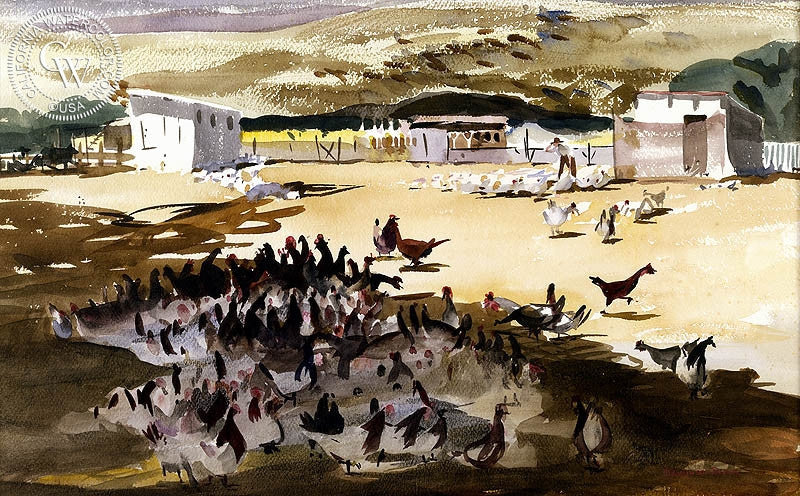 Chicken Coops, 1935, watercolor painting by Mary Blair  (American art). Fine art giclée print reproduction by California Watercolor for wall decor.