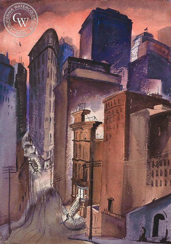 San Francisco Nights, watercolor painting by Mary Blair  (American art). Fine art giclée print reproduction by California Watercolor for wall decor.