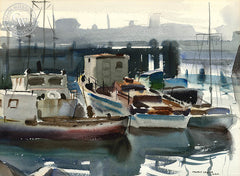 Boats in Harbor, c. 1930, California art by Maurice Logan. HD giclee art prints for sale at CaliforniaWatercolor.com - original California paintings, & premium giclee prints for sale