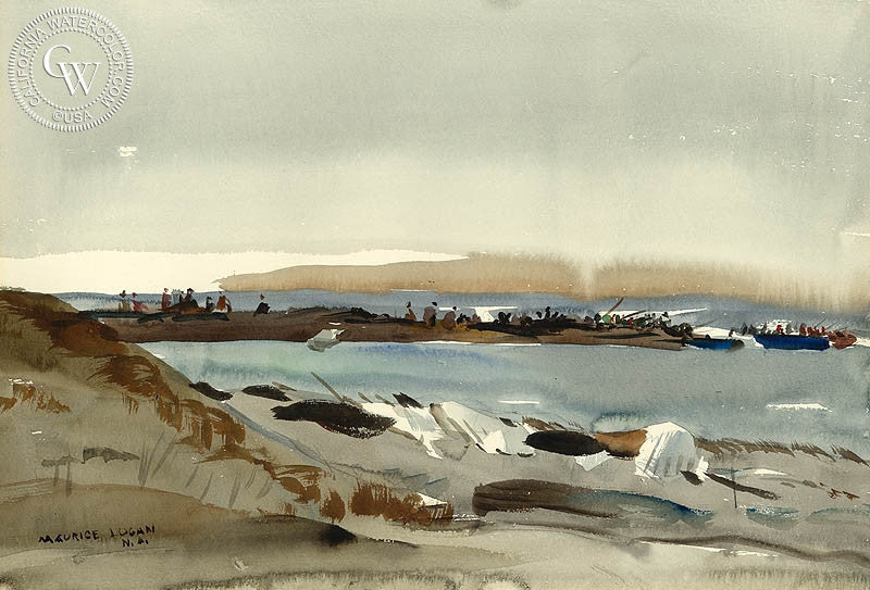 Fisherman on Jetty, c. 1930s, watercolor painting by Maurice Logan  (American art). Fine art giclée print reproduction by California Watercolor for wall decor.
